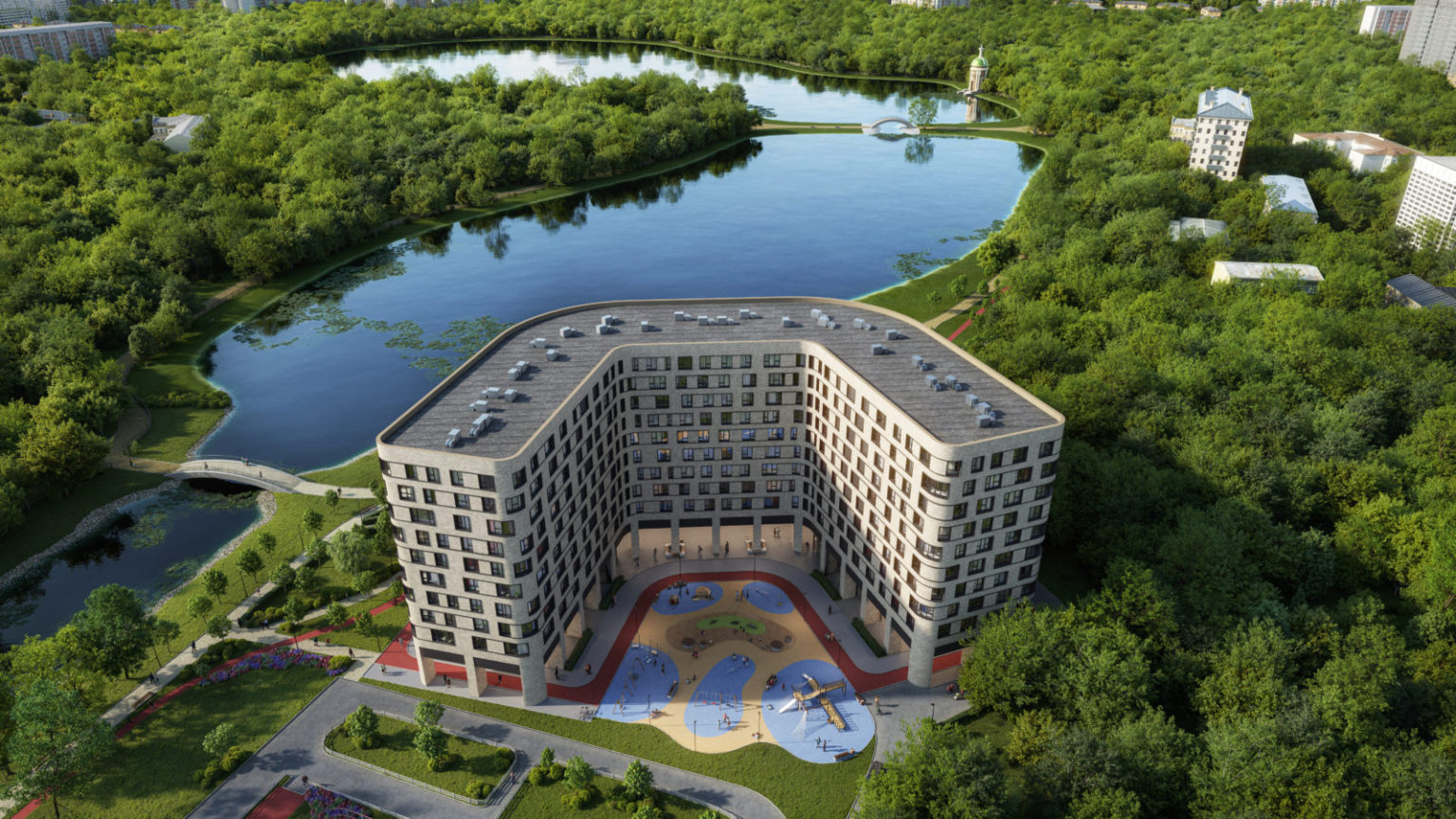 Монодом. Монодом Лэйк. Комплекс апартаментов Monodom Lake. ЖК Monodom, Москва. Здание у водоёма